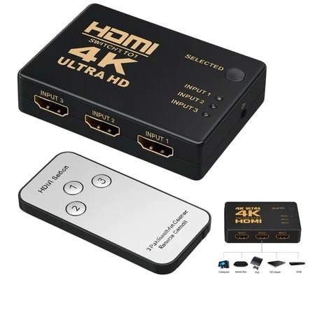 Chaveador Adaptador Switch 3 HDMI 4K UHD com Controle Remoto Divisor Splitter
