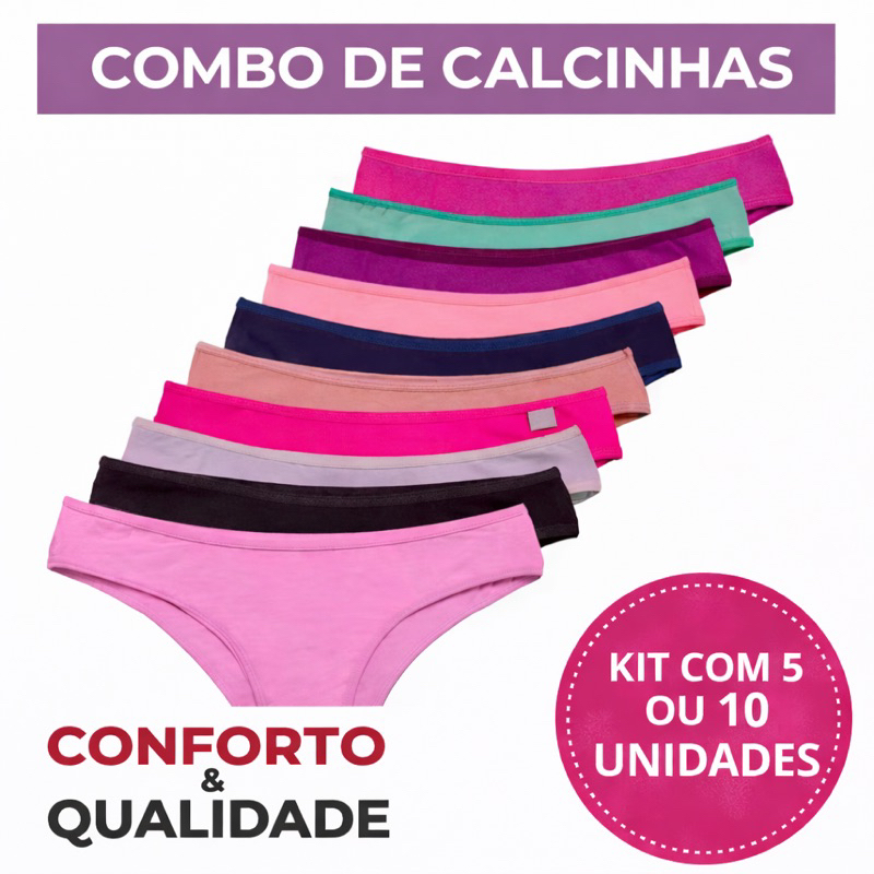 Kit 10 calcinha de algodão conforto cós alto tanga cotton feminina cos largo Premium 100% algodão