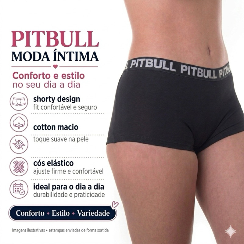 Kit 10 Calcinhas Boxer Feminina Cotton Pitbull Moda Íntima Conforto Premium Forro 100% Algodão Ref:1078