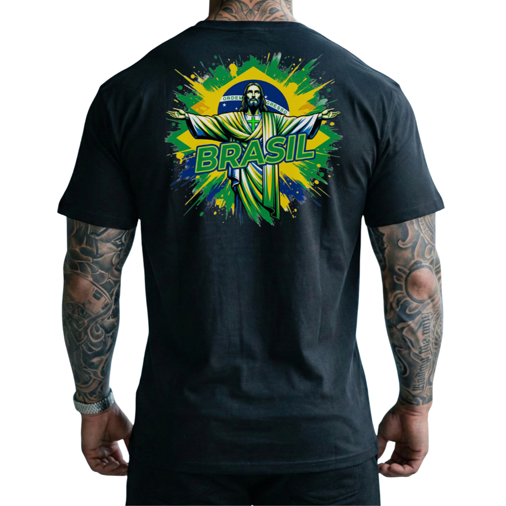 Camisa Preta Masculina Cristo Brasil Camiseta Torcedor Copa Dia a Dia 100% Cotton Premium