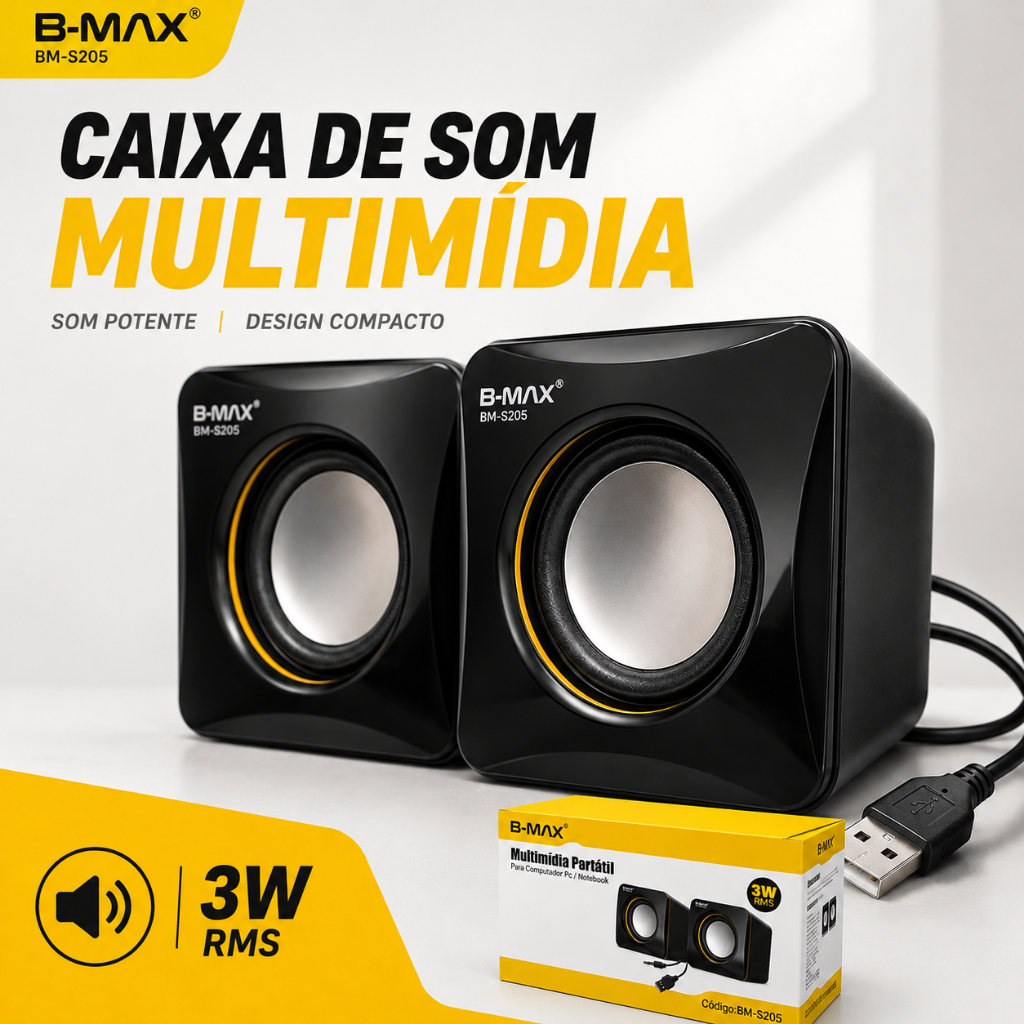Caixa de Som para PC e Notebook B-Max BM-S205 USB P2 3,5mm Estéreo 3W RMS Compacta