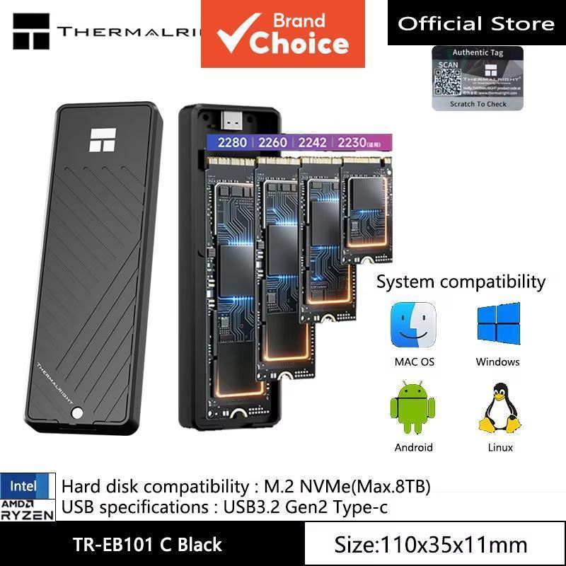Adaptador de gabinete SSD Thermalright TR-EB101 C Black M.2 NVMe/SATA, liga de alumínio 10Gbps USB3.2 Gen2, suporta