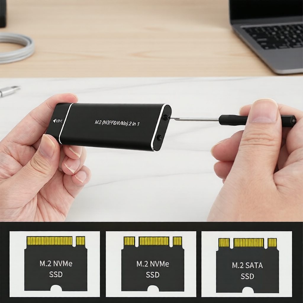 Gabinete SSD 2026 USB-C M.2 NVMe/SATA, 10Gbps, Protocolo Duplo, Chave M&B, Resfriamento Rápido