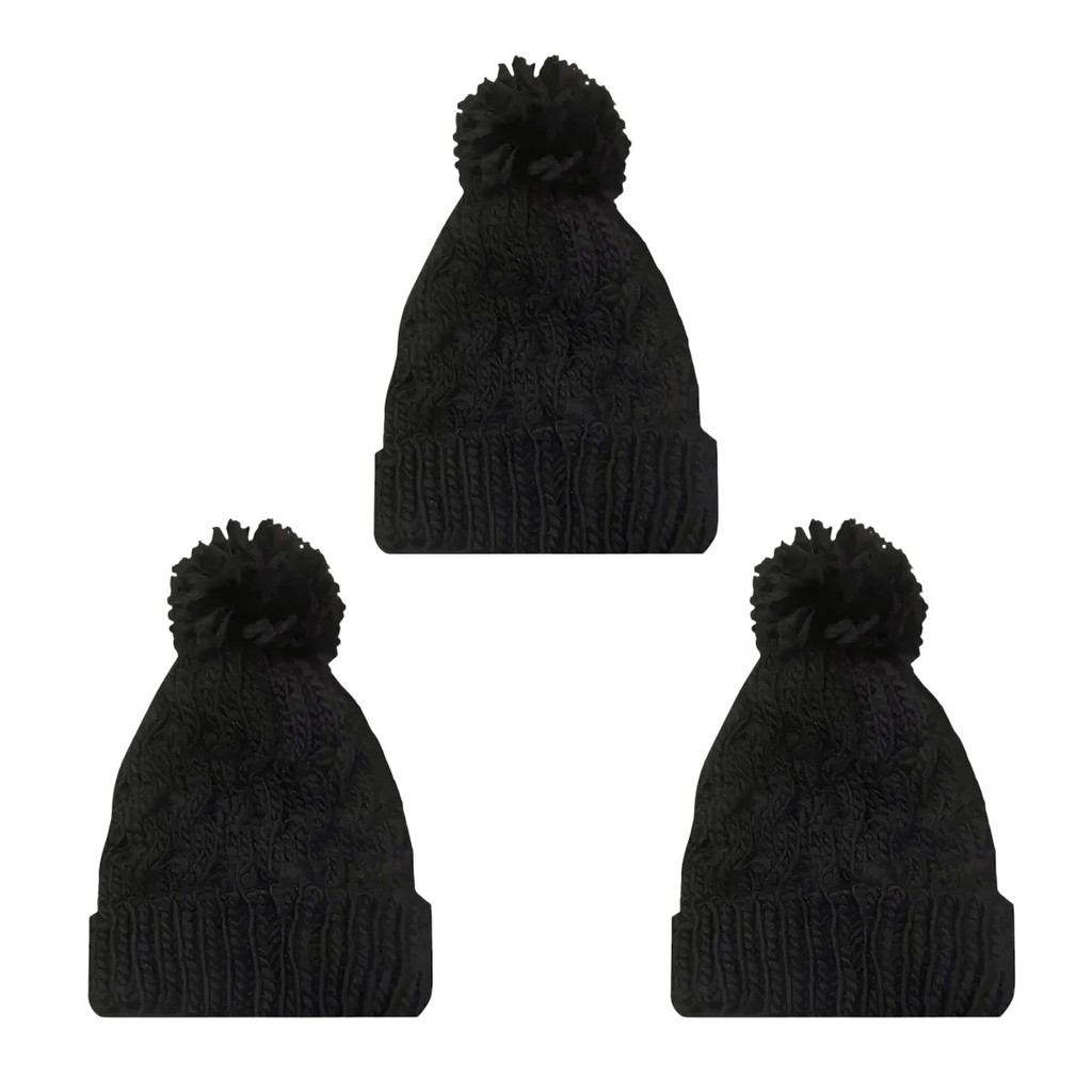 Kit 3 Toucas De Tricô Com Pom Pom Inverno Preto Tam Unico