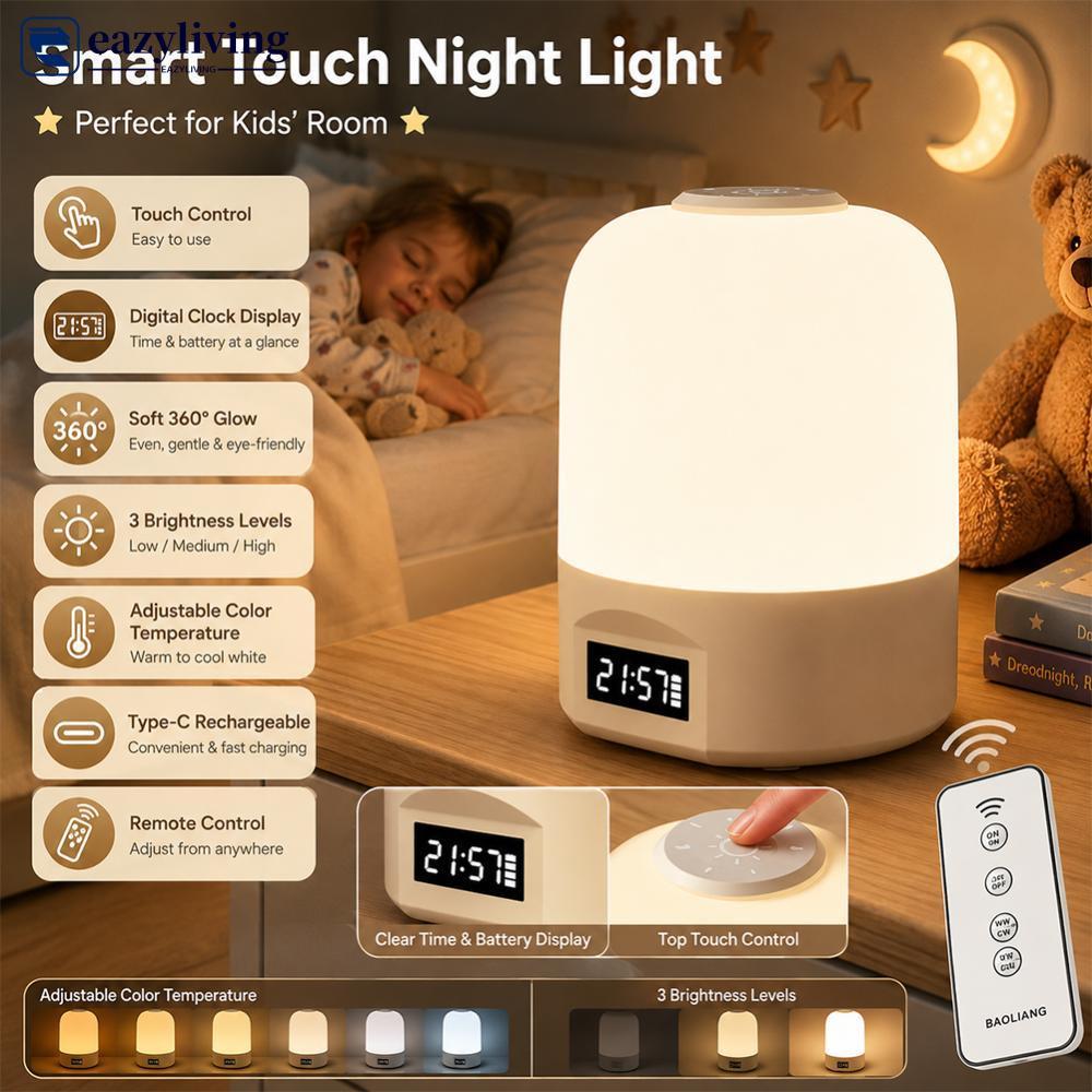 EAZYLIVING 1200mAh Recarregável LED Night Light Com Relógio Controle Remoto Stepless Escurecimento Lâmpada De Cabeceira