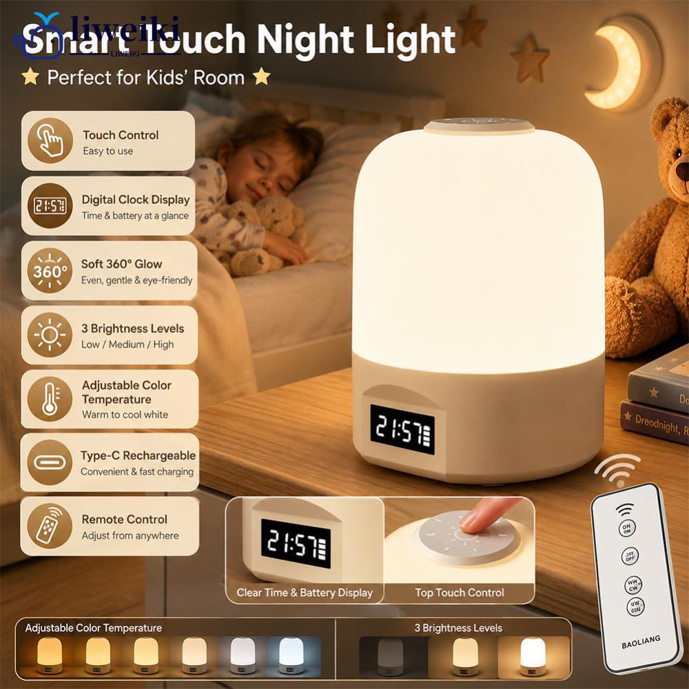 LIWEIKI 1200mAh Recarregável LED Night Light Com Relógio Controle Remoto Stepless Escurecimento Lâmpada De Cabeceira Par