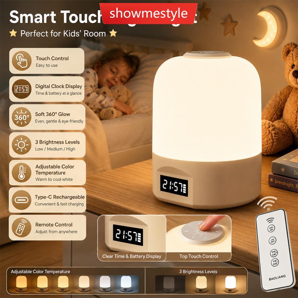 SMS 1200mAh Recarregável LED Night Light Com Relógio Controle Remoto Stepless Escurecimento Lâmpada De Cabeceira Para O