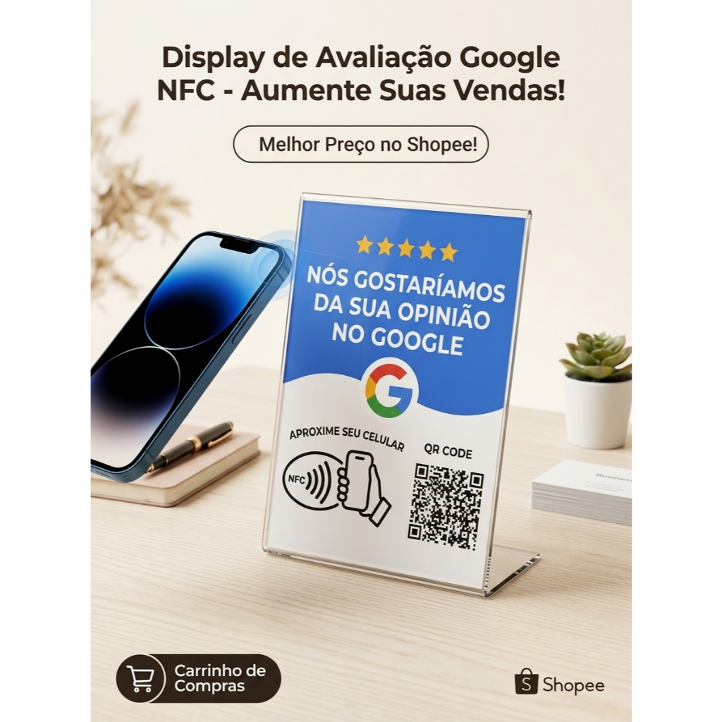 Placa Display NFC e QR Code Avaliação Google Meu Negócio -Acrílico aumento clientes 5 estrela