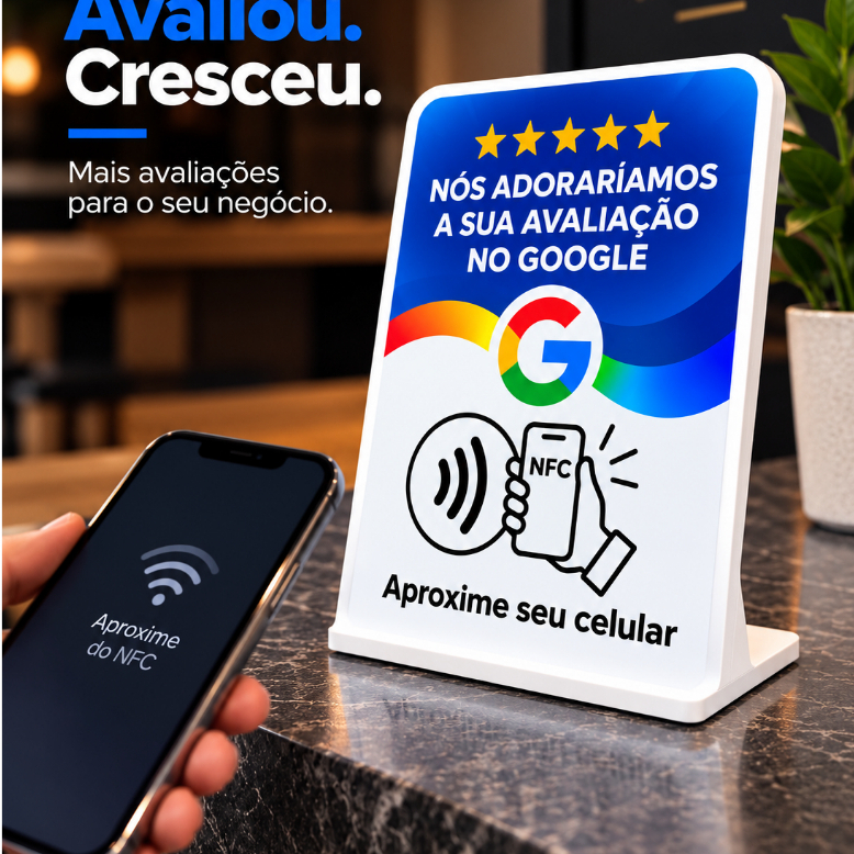 Placa Avaliação Google NFC Display de Balcão 12x15cm Aproxime o Celular Mesa Impressão 3D