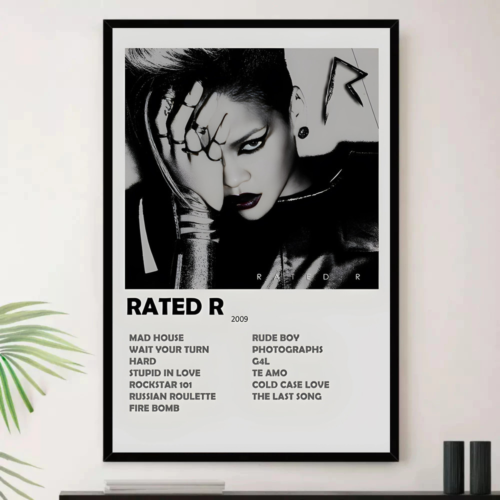 Quadro Placa Decorativa Música Internacional Rihanna Pop e Dance Pop Álbuns com Moldura