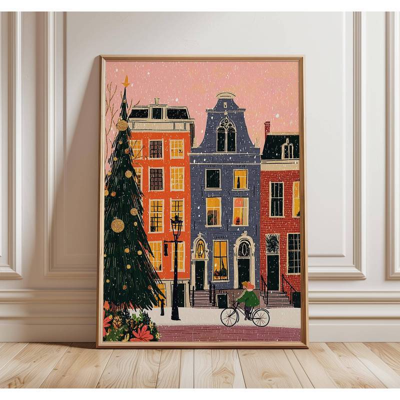 European Christmas Street Art Print, Winter City Scene Wall Art, Festive Holiday Illustration with Snow, Tree and Lamp P