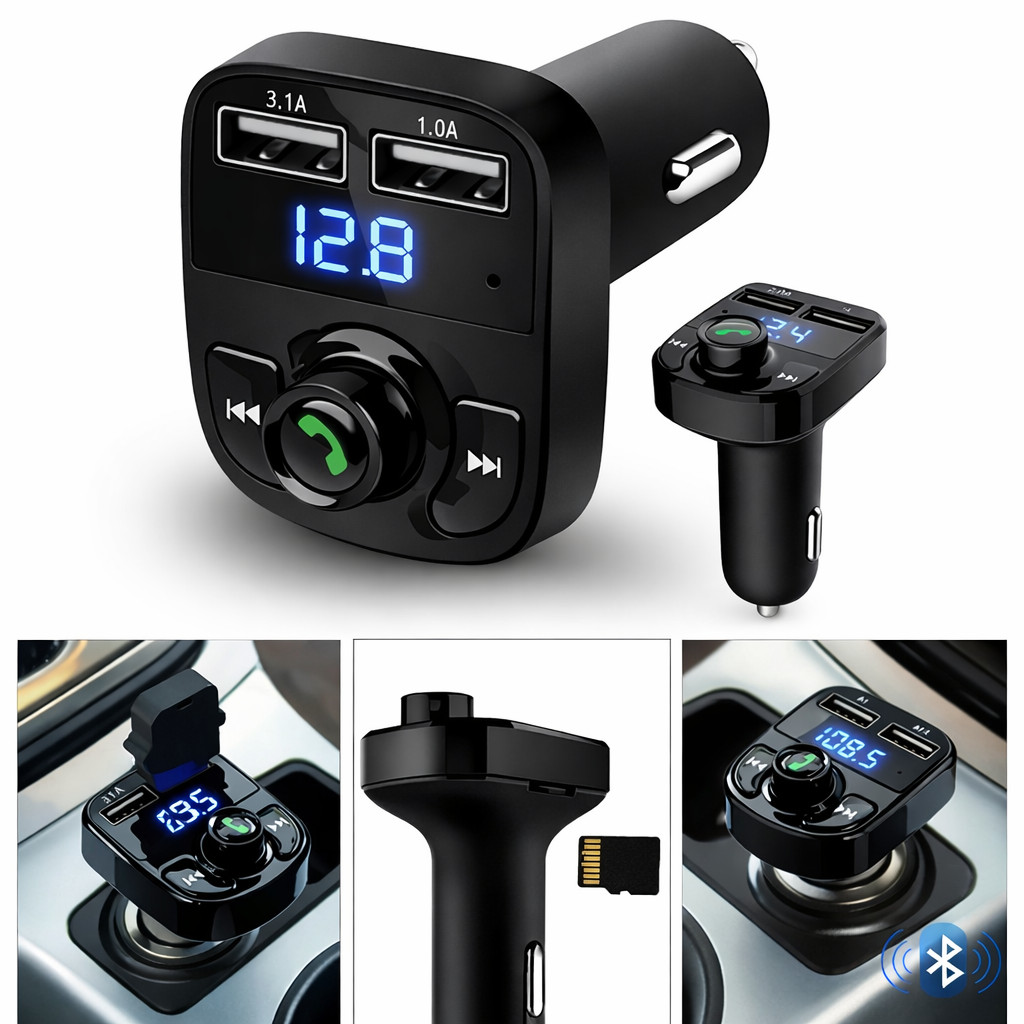 Transmissor FM Bluetooth Veicular com 2 USB MP3 Hands Free Leitor USB TF e Carregamento Duplo