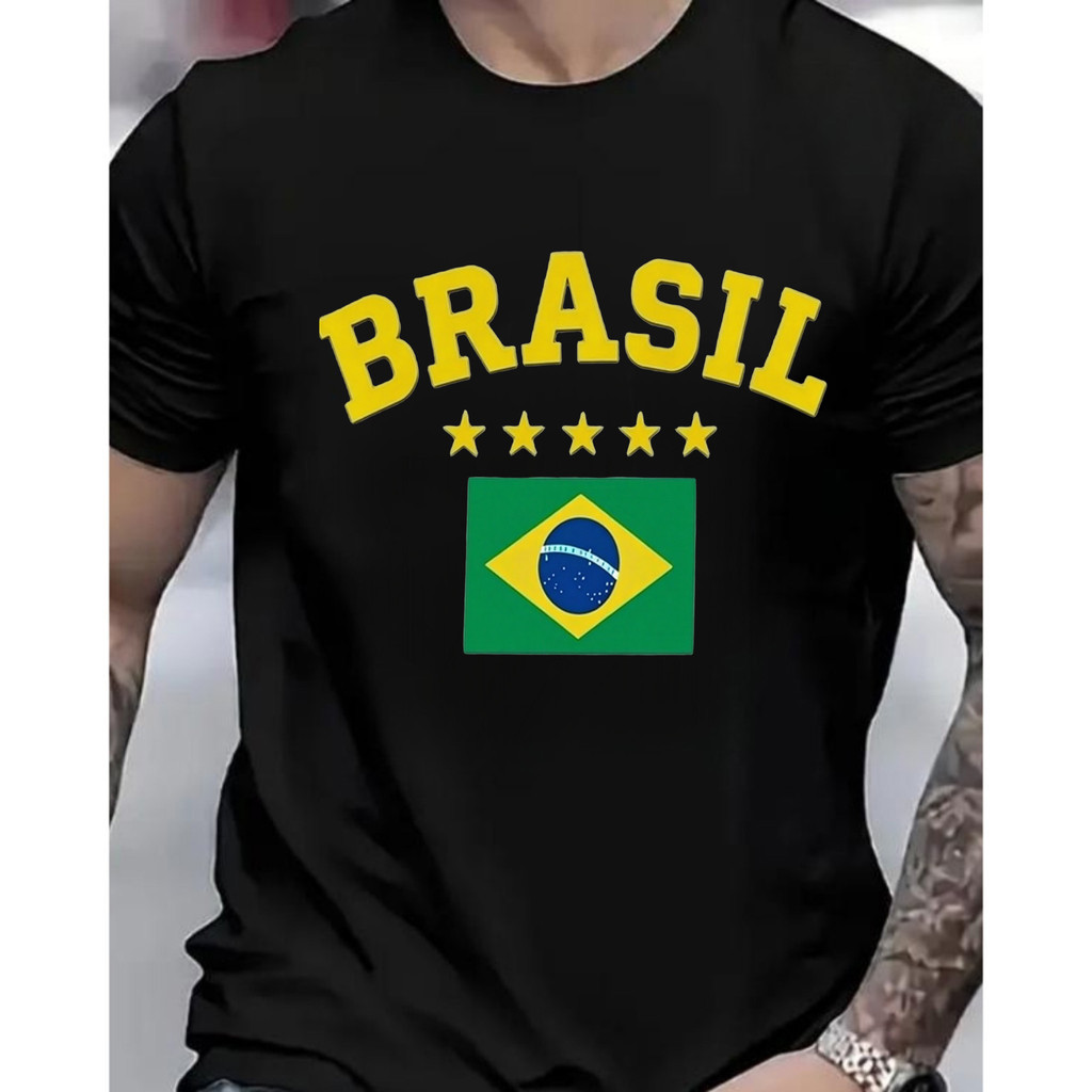 [Camiseta Premium em Algodão Puro]VU Masculina Curta Brasil Flag Estilo esportivo Padrão Verde Amarelo para Eventos Fute
