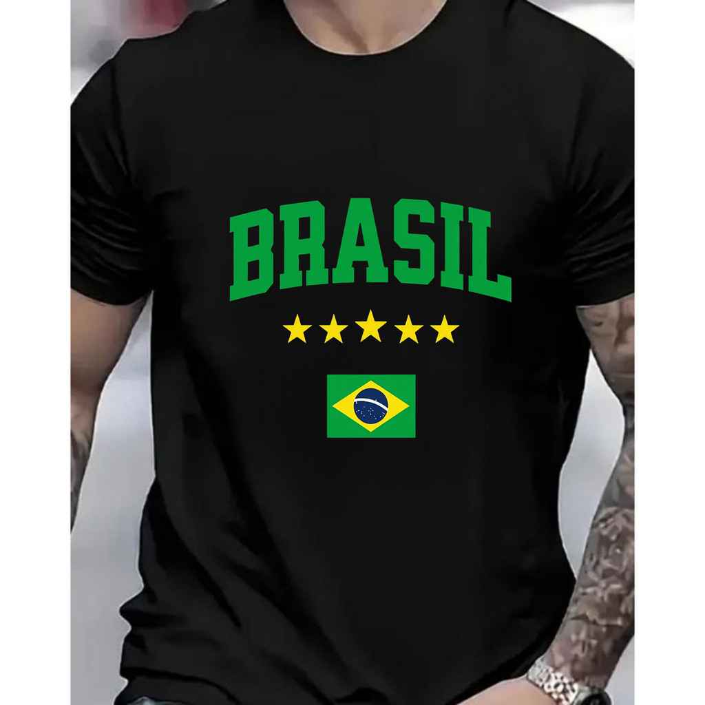 [Camiseta Premium em Algodão Puro]VU Masculina Curta Brasil Flag Estilo Futebol Fans Cor Verde Amarelo Eventos