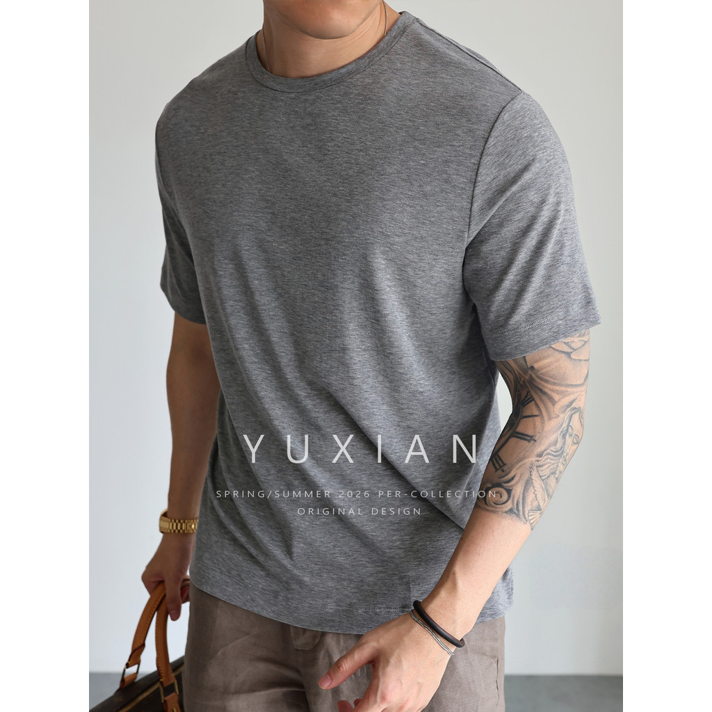[Wool Lyocell] < Zero} Gravity Soft Waxy Business Casual Absorção de Umidade Respirável Gola Redonda Manga Curta Camiset