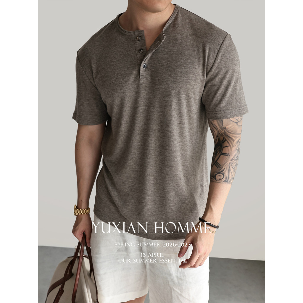 [< Zero Gravity} Soft Waxy] Merino Wool Loose Drape Business Casual Henry Collar Camiseta masculina de manga curta