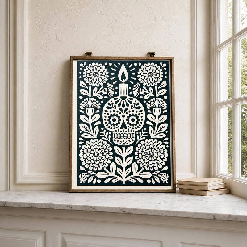 Dia de los Muertos Sugar Candle Linocut Gothic Folk Art Poster No Frame Canvas Wall Art Painting Mexican Festival Bedroo