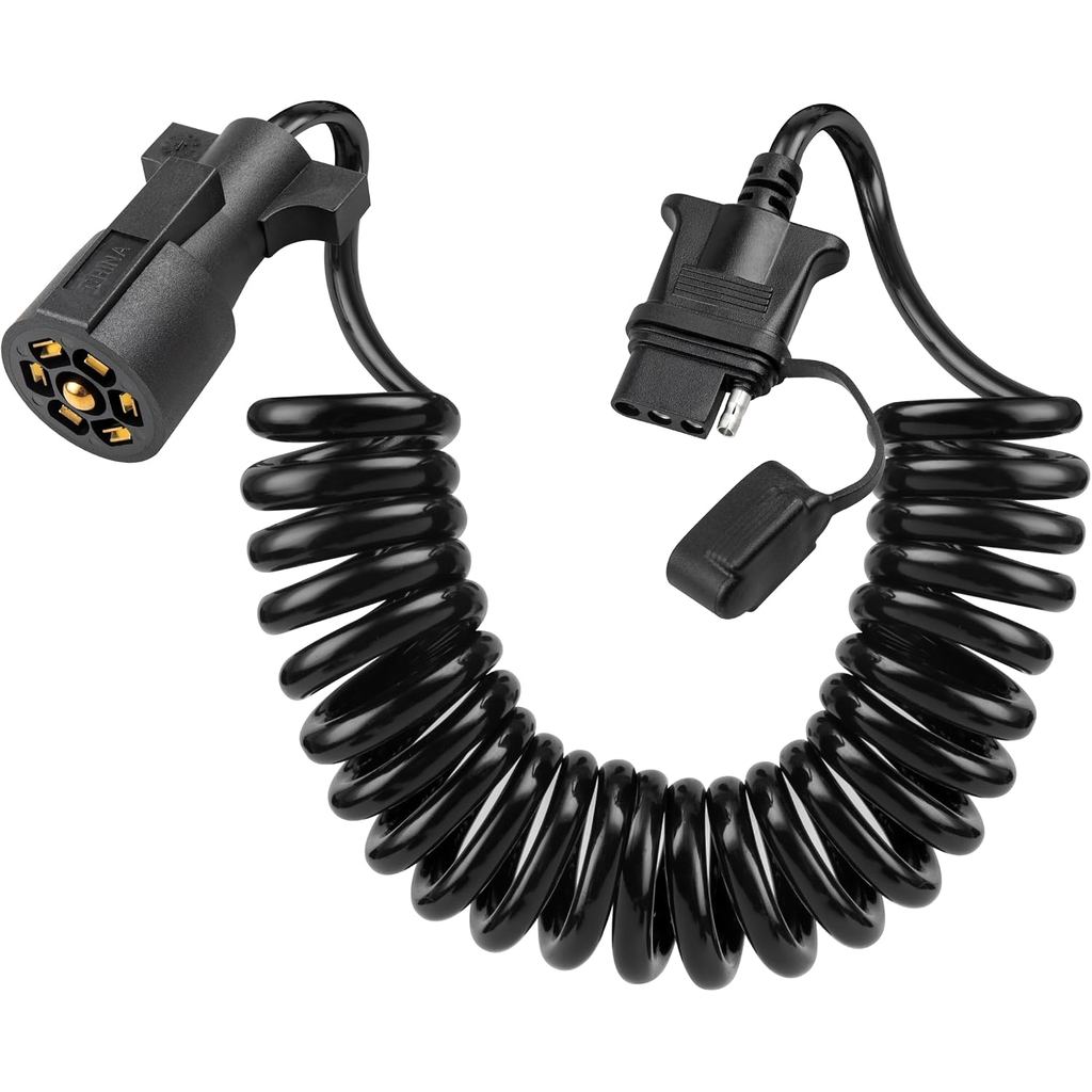 Oyviny 7 Way Round to 4 Way Flat Coiled Trailer Extension 10.5FT Wiring with PU Jacket, Heavy Duty Stretchable 7 Pin RV