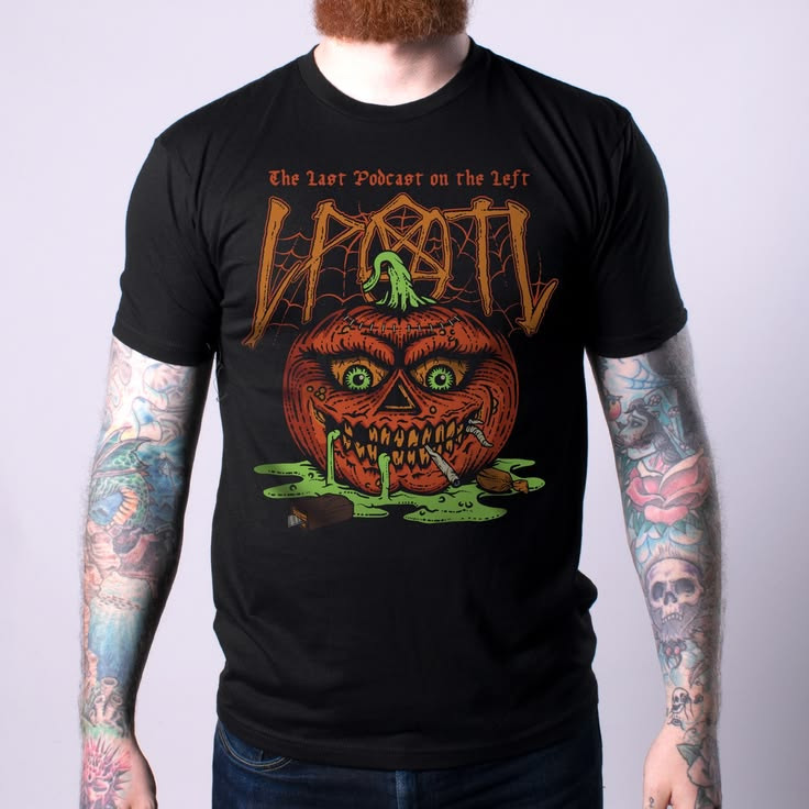 Camiseta Masculina Preta de Algodão Manga Curta, Estampa The Last Podcast On The Left, Abóbora Monstruosa, Estilo Death