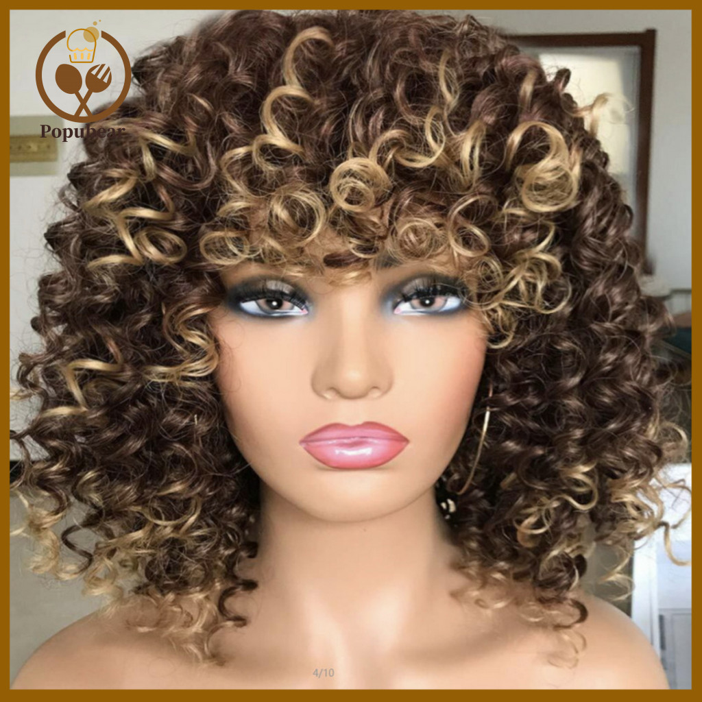 Curly Wig for Parties Soft Touch Short Kinky with Bangs Natural Look High-temperature Silk Hair Long-lasting Fluffy Colo