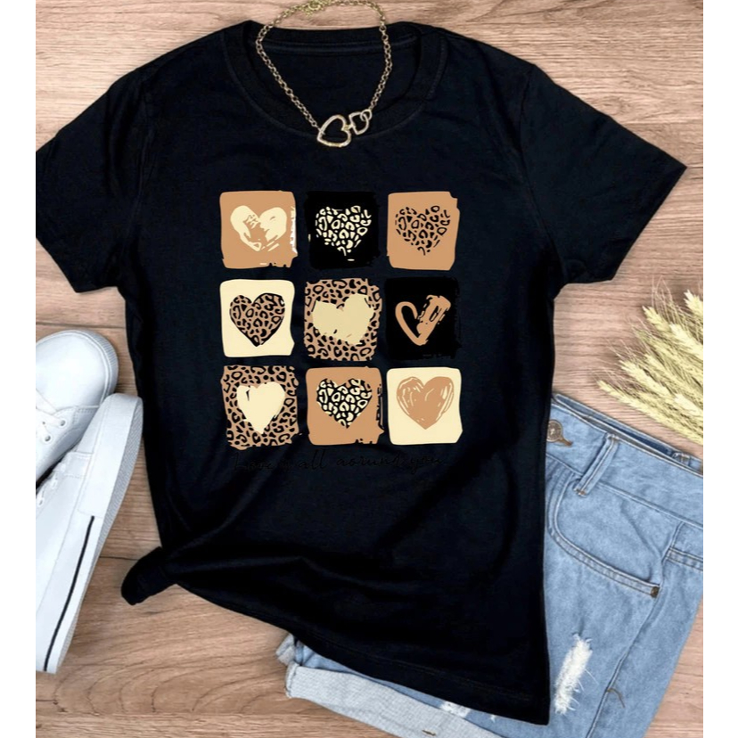 Camiseta T shirt Love Coração Animal Print Tendencia 100% Algodão