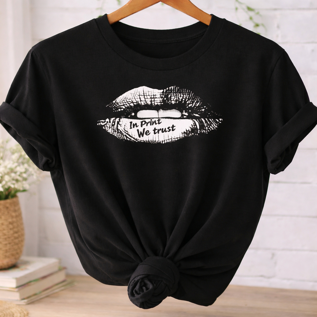 Camiseta Unissex Estampada Boca Tumblr Estética In Print We Trust Casual Algodão Confortável T-Shirt