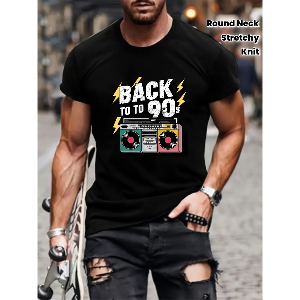 Camiseta 2026 T-shirt 90s Cassette Tape Print Polyester Stretchy Casual Summer Confortável Moderna Estilosa Verão