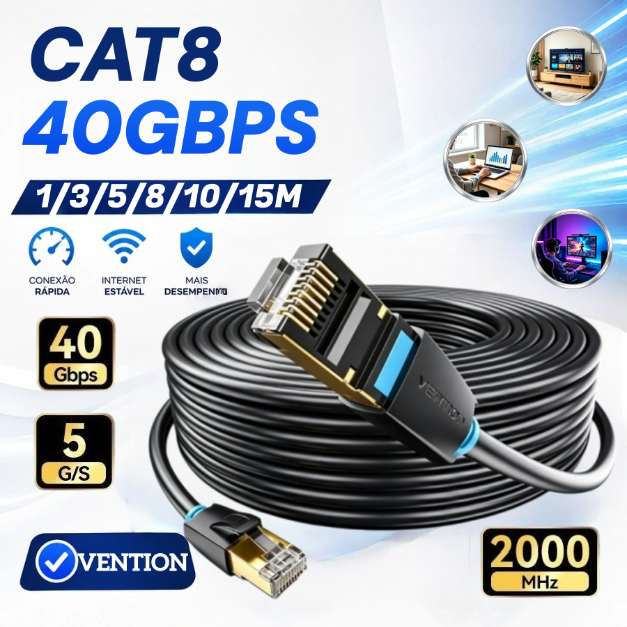 Cabo Ethernet Vention Cat8 40Gbps Super Speed SFTP Cabo de Rede Lan com Conector banhado a ouro RJ45 para Modem
