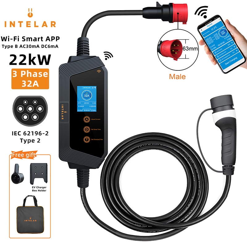 Intelar Carregador Carro Elétrico Portátil 22kw 3P 32A 16A Tipo2 Com App IP66 à prova d'água Com LCD