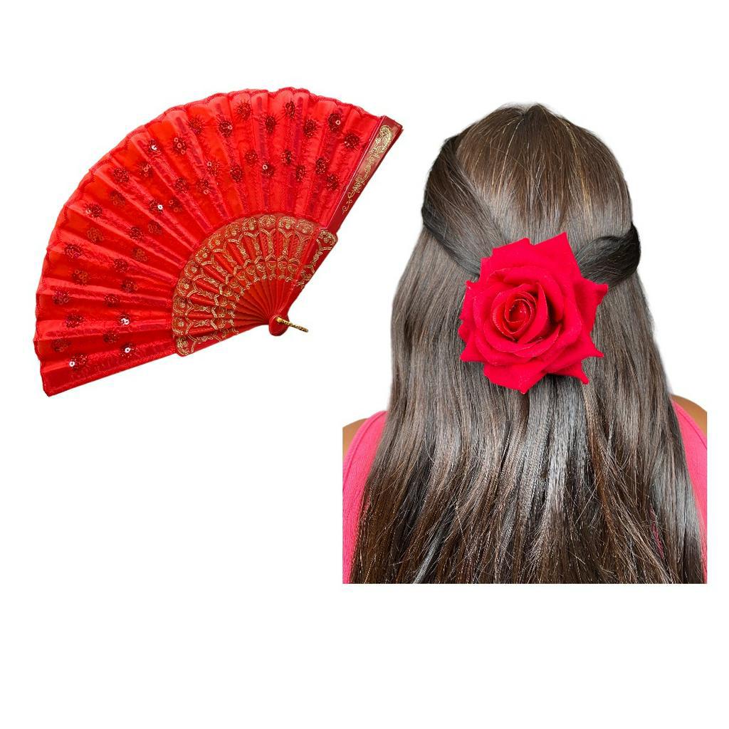 Leque + Rosa de Cabelo Veludo Pomba Gira Ciganas Vermelho