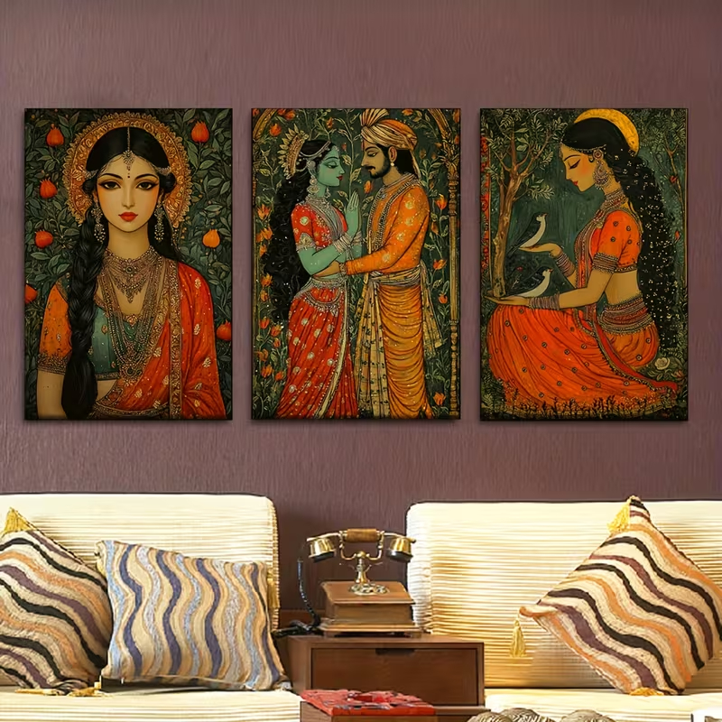 Kit 3 Quadros Decorativos Arte Indiana e Cultura Hindu Casal Real Sem Furar Parede