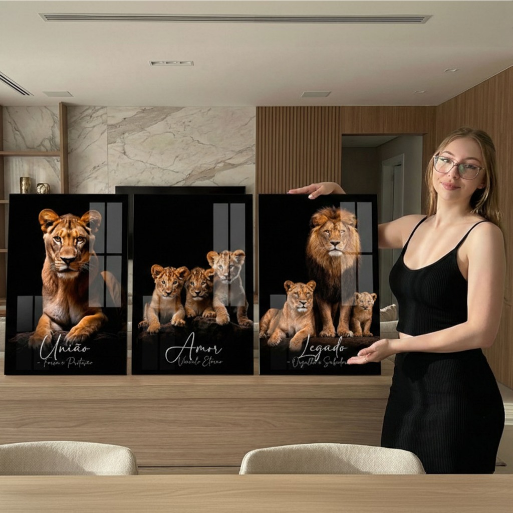 Quadros Decorativos Leão de Judá Família Real Decoração Sala Motivacional Kit 3 Quadros