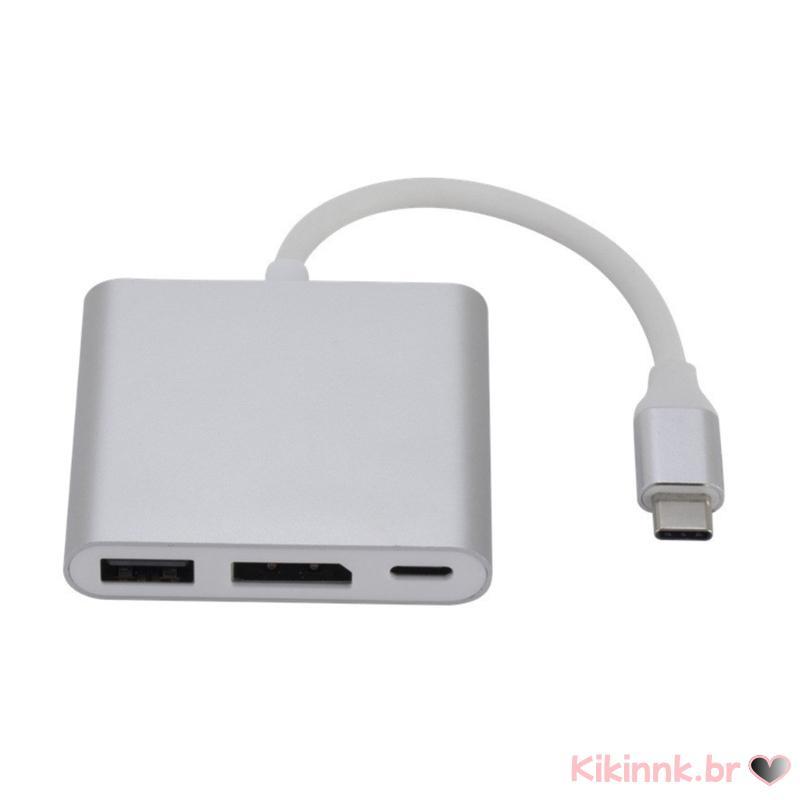 Adaptador DisplayPort Três Portas Tipo C HUB Lado USB-A E Uso Entrada Energia