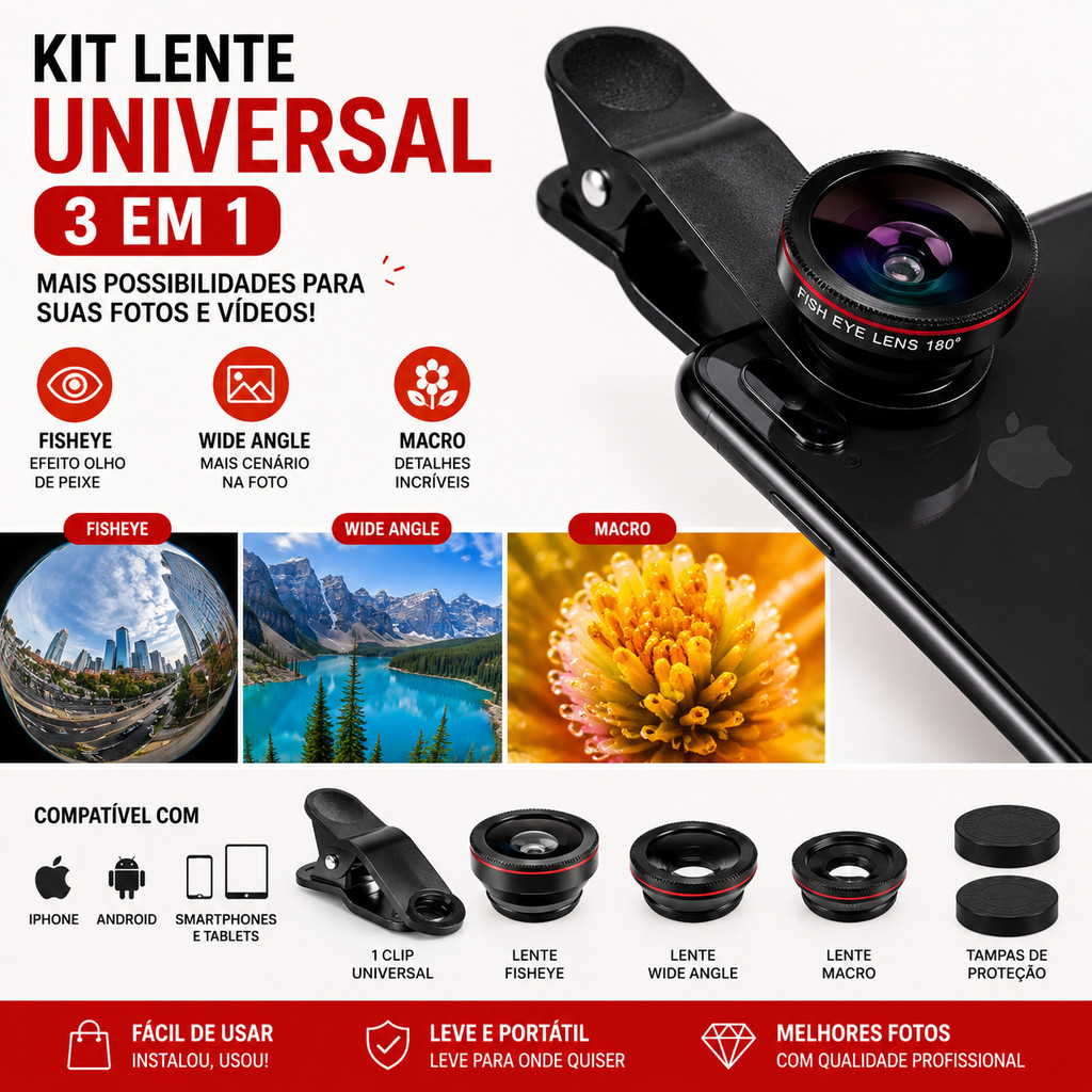 Kit Lente Universal 3 em 1 para Celular Fisheye + Macro + Grande Angular Clip Universal