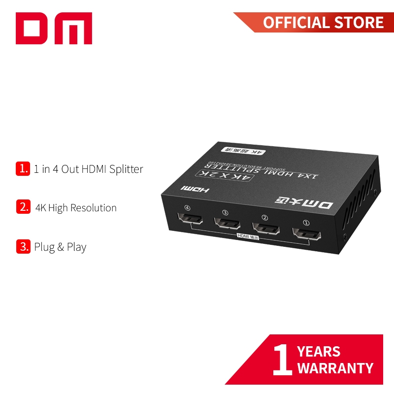 Divisor HDMI DM CHB079 1 entrada e 4 saídas 4K, totalmente metálico, plug & play, para monitor, TV ou projetor.