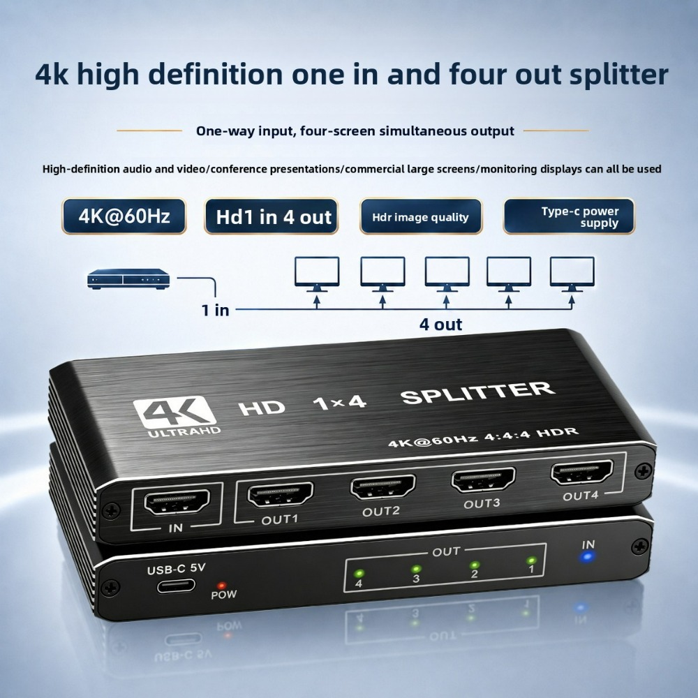 Distribuidor HDMI 4K 60Hz 1x4 HDMI 1 entrada 4 saídas, divisor de sinal, HDR 4:4:4 para reunião, exibição comercial e