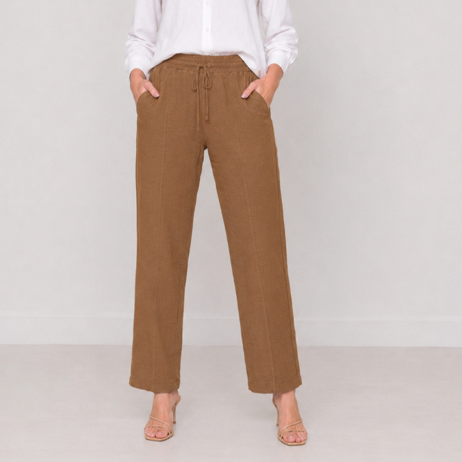 Calça Feminina Reta Tecido Duna Crepe Airflow Cintura Alta Elástico Cordão Bolso Social Alfaiataria Não Amassa Elegante