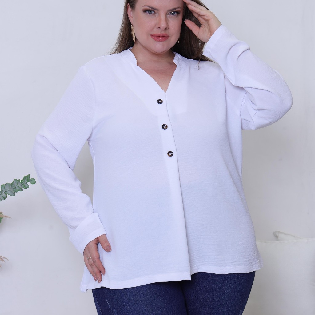 Blusa Plus Size Feminina em Crepe Airflow Manga Longa com Botões – Leve, Elegante e Confortável