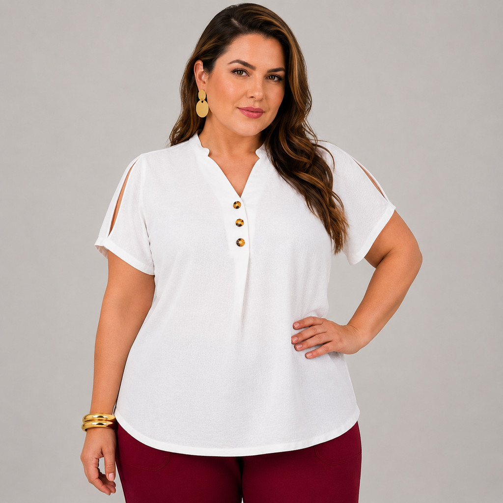 Blusa Plus Size Feminina em Crepe Airflow Manga Curta com Botões – Leve, Elegante e Confortável