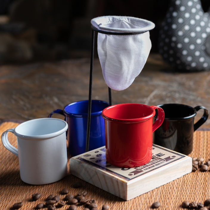 Kit Café Gourmet Rústico Suporte Mini  com 3 Coador Individual reutilizável e Xícara Ágata Retrô