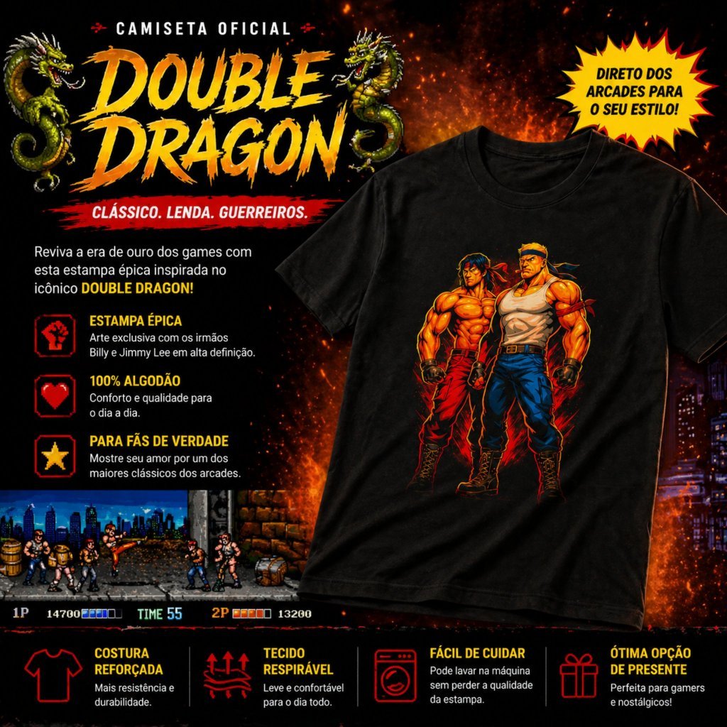 Camiseta Double Dragon 100% Algodão Estampa Gamer Retrô Arcade Premium Masculina  Feminina