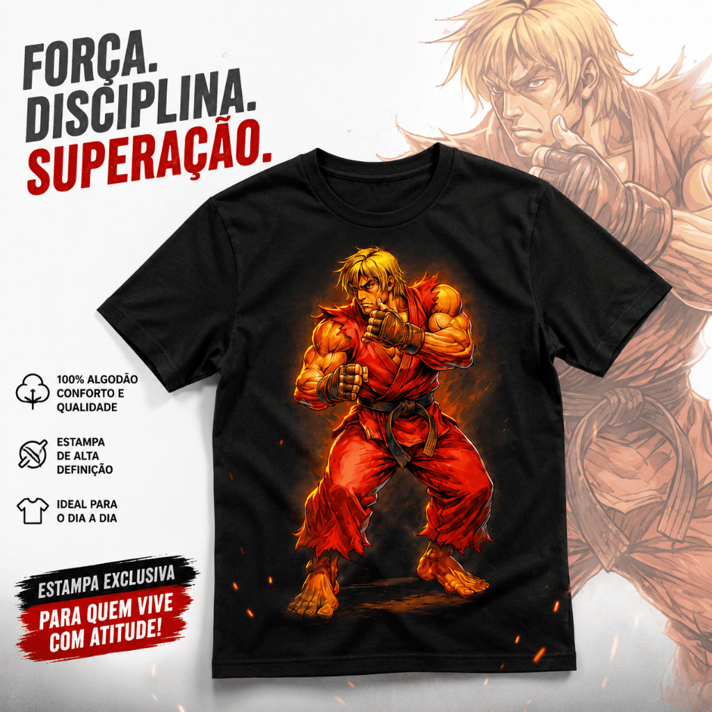 Camiseta Gamer Lutador Estilo Arcade Estampa Exclusiva Unissex Preta 100% Algodão Casual