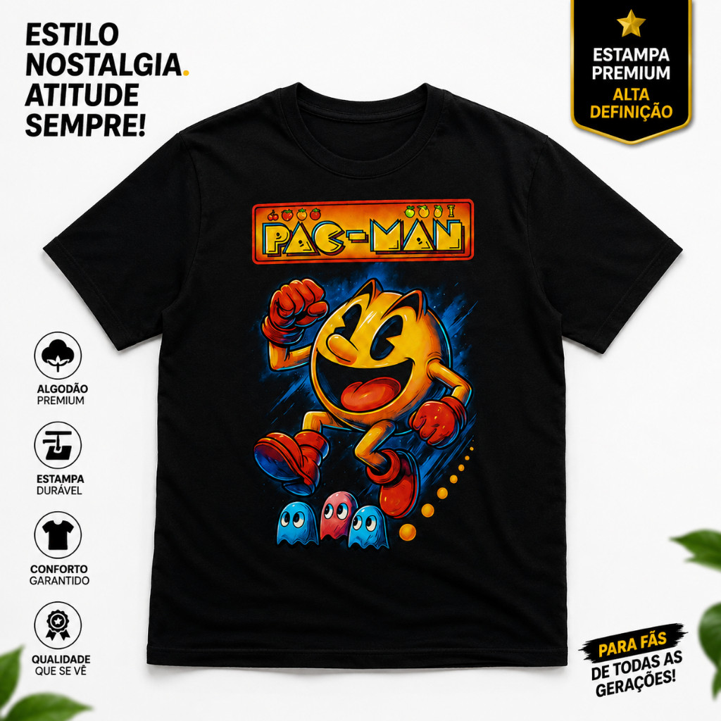 Camiseta Pac-Man Retrô | Estampa Frontal Gamer Arcade | Algodão Confortável | Preto e Azul-Marinho | Adulto e Infantil