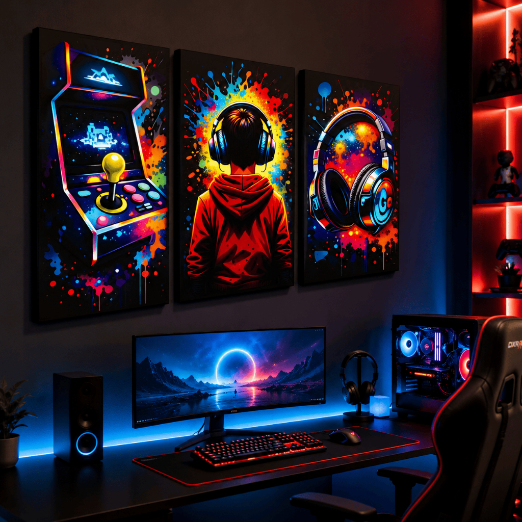 Quadros Decorativos 3 peças Gamer Vibrante Arcade e Headset