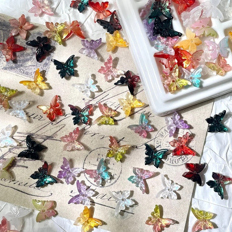 15 Unidades/Pacote 12x14mm Pena De Vidro Borboleta 3D Contas De Buraco Médio Para DIY Artesanal Estilo Antigo Hairpin Fa