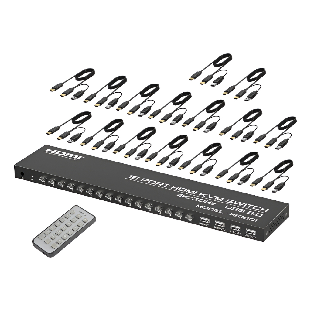 Chaveador Switch Kvm Hdmi 16 Portas 16x1 Usb Com Cabos Kvm
