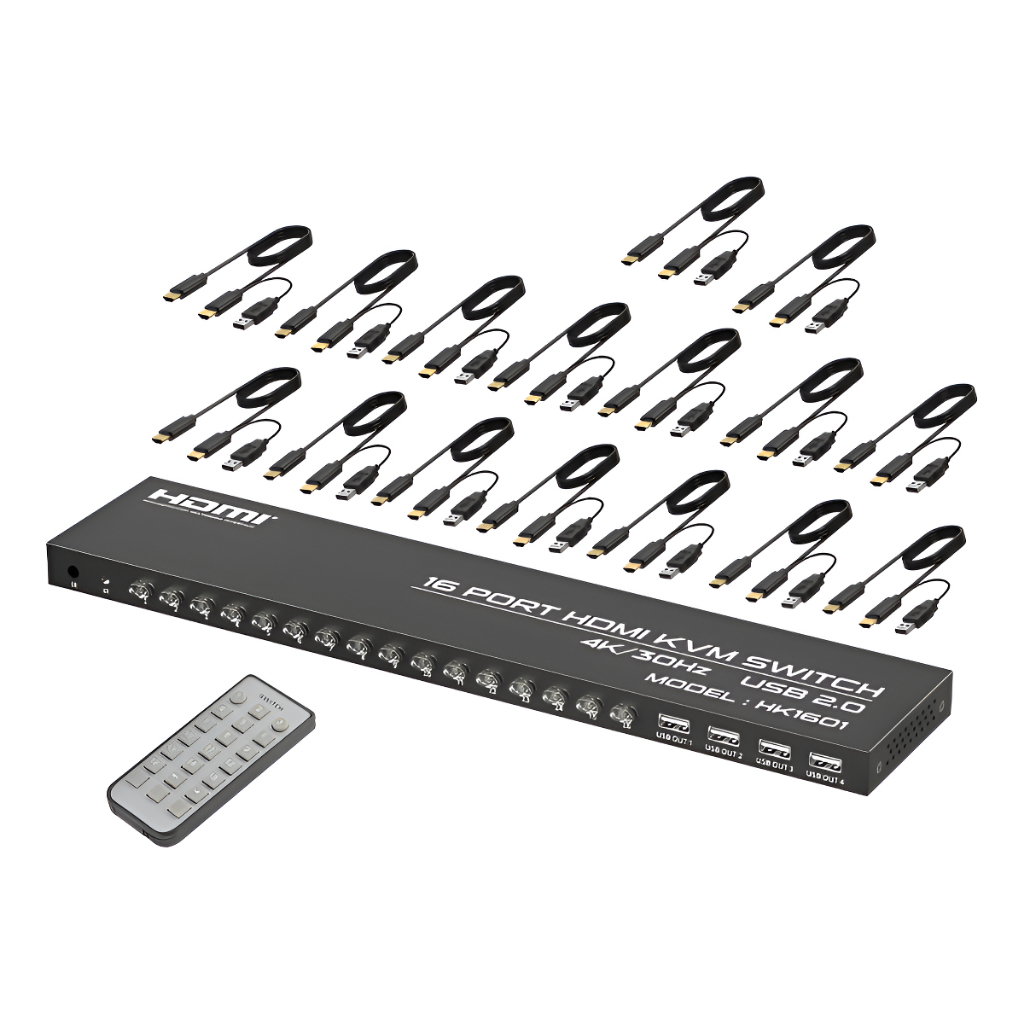 Chaveador Switch Kvm Hdmi 16 Portas 16x1 Usb Com Cabos Kvm