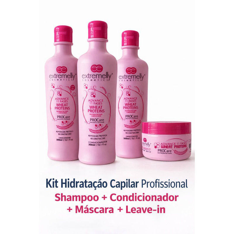 Kit Extremelly Cosmetics Wheat Protein Hidratação Capilar Shampoo Condicionador Máscara Leave-in Profissional 4 Itens