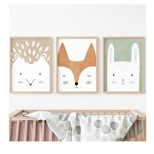 Quadros decorativos Baby, Kids Room, Berçário, Veados, Raposa, Coelho, Urso, Ouriço, Floresta (3 peças)