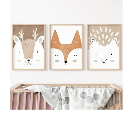 Quadros decorativos Baby, Kids Room, Berçário, Veados, Raposa, Coelho, Urso, Ouriço, Floresta (3 peças)